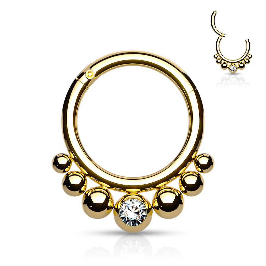 Surgical Steel Segment Hoop Rings with Graduated Balls and Bezel Set Crystal Center